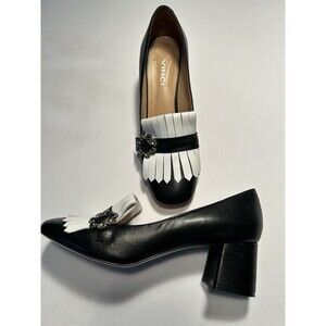 VINCI Women’s Black Leather Designer Heels Size 39 US 9 Kiltie Flower Detail